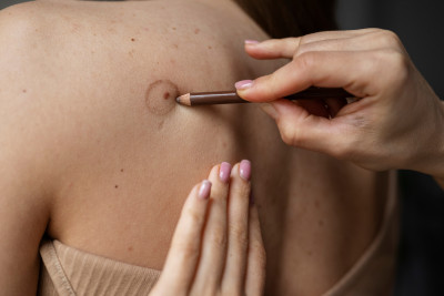 Dermatologist examining moles for skin cancer.