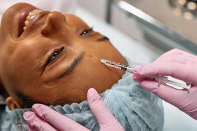 Woman receiving cosmetic injection while smiling.
