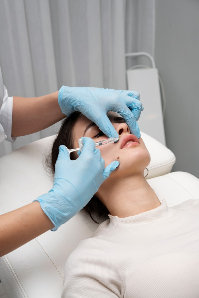 Woman receiving a facial injection while lying on a medical chair.